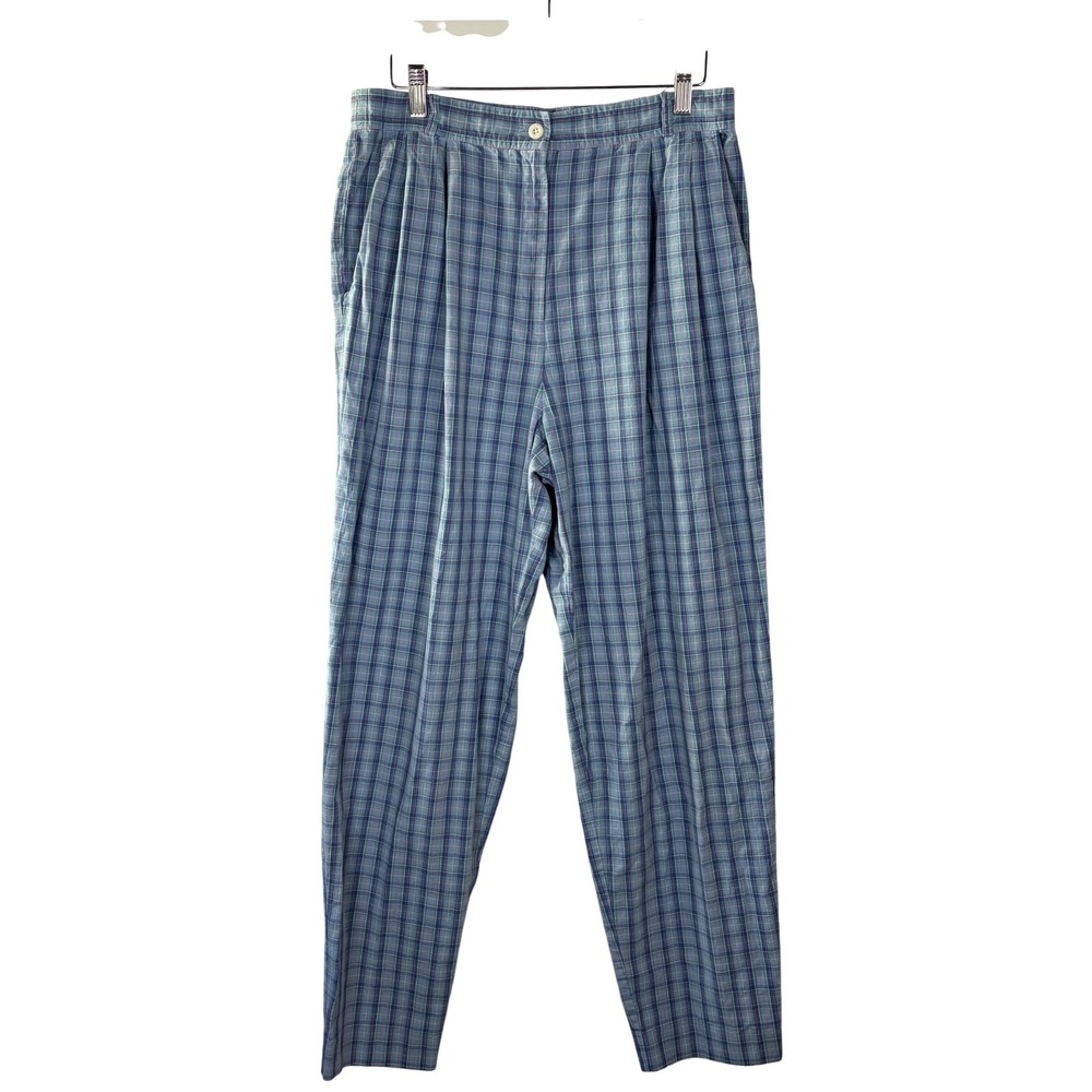 David Brooks Vintage Plaid Pleated Pants Blue Green High Waist Tapered Size 12‎